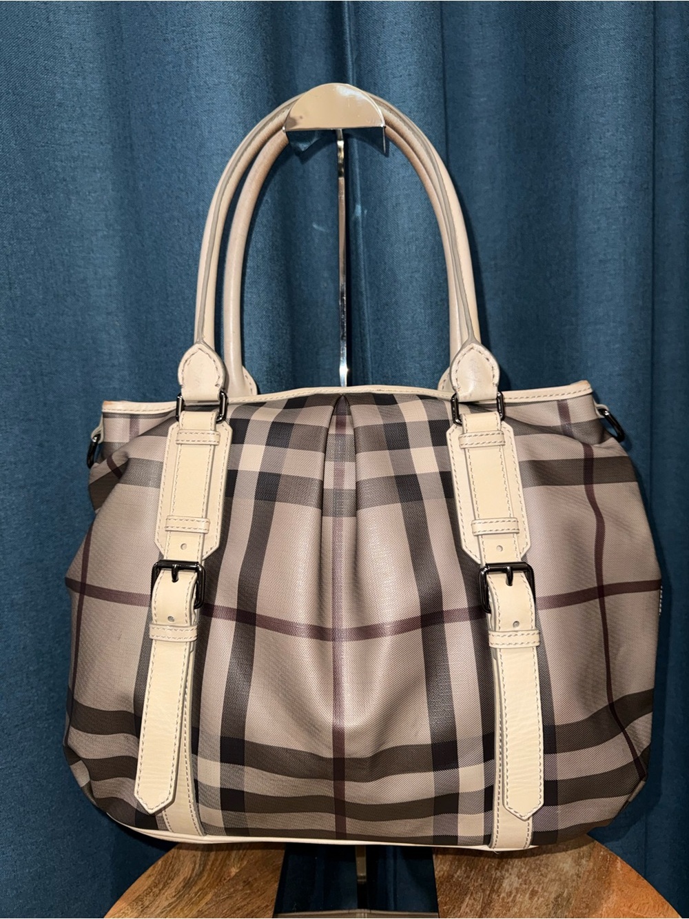 Burberry Beige Plaid Leather-Trim Tote XL Bag